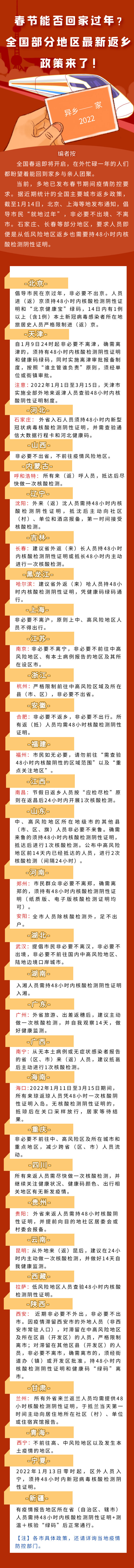 春节能否回家过年？全国部分地区最新返乡政策来了